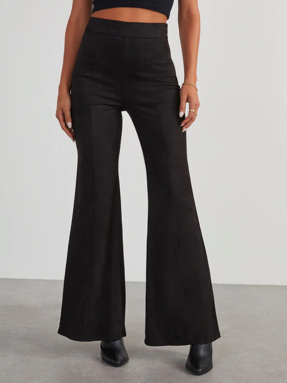 High-Waist Faux Suede Black Flared Pants